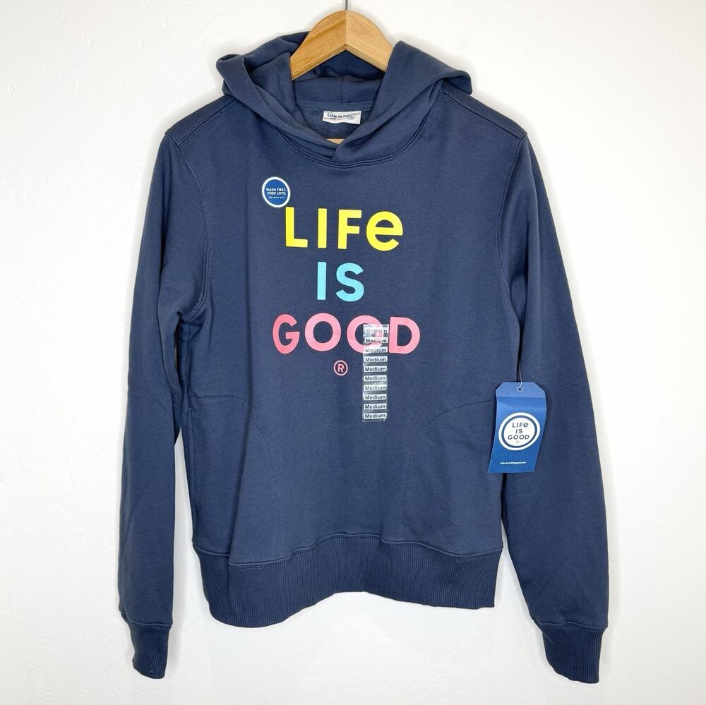 Life Is Good Clean LIG Stack Hoodie Womens Medium Darkest Blue Pullover Sun